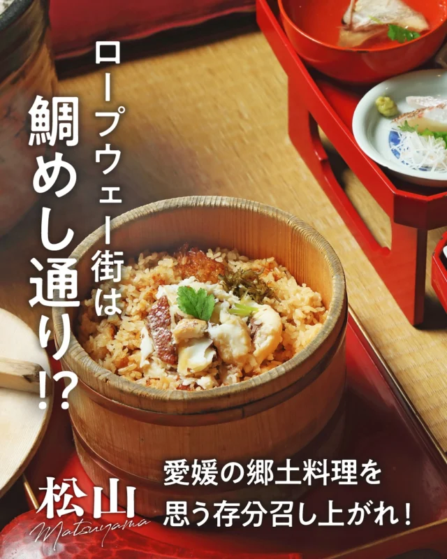 .
ロープウェー街は鯛めし通り！？🐟

鯛を米と一緒に炊き上げた「松山鯛めし」、
刺身を特製タレや卵黄とともに
ご飯にのせて食べる「宇和島鯛めし」🤤
どちらも愛媛県ならではの郷土料理です✨

松山市の中心にあるロープウェー街には、
鯛めしが味わえるお店がたくさん🌟
近くを訪れた際は、鯛めし巡りなんていかがですか？🍴✨

🐟かどや　大街道店🐟
ロープウェー街の入り口に位置する「かどや 大街道店」！
ブランド鯛「伊達真鯛」を使った「宇和島鯛めし」を中心に、
旬のもの、地のものにこだわった一品が味わえます。
愛媛の地酒🍶も豊富に揃っていて嬉しい限り❤
住所：松山市大街道3-1-1 いよてつ会館ビル地下1階
TEL: 089-947-4600

🐟鯛めし　すばる🐟
１月にオープンした新星！
松山、宇和島、どちらの鯛めしも地元の天然鯛のみを使用👀
彩り豊かな御膳形式で、
なんと三津浜の行列店「正雪」のじゃこ天も味わえます✨
住所：松山市東雲町3-14 東雲テナント1階
TEL：050-8884-1849

🐟松山鯛めし 秋嘉（あきよし）本店🐟
注文ごとに土鍋で炊き上げる「松山鯛めし」は
香ばしく焼き上げた旨み凝縮の鯛の切り身が乗る逸品😊
「宇和島鯛めし」は弾力のある新鮮な刺身だけでなく、
卵や自家製のタレにもこだわりが🌟
住所：松山市大街道3-5-1
TEL: 089-909-7652

#traveljapan #japantrip #travel #traveling #shikoku #shikoku_trip #ehime #matsuyama #setouchimatsuyama #taimeshi #seafood #愛媛 #松山 #愛媛旅行 #四国旅行 #松山旅
#鯛めし #愛媛グルメ #郷土料理 #大街道 #ロープウェー街
