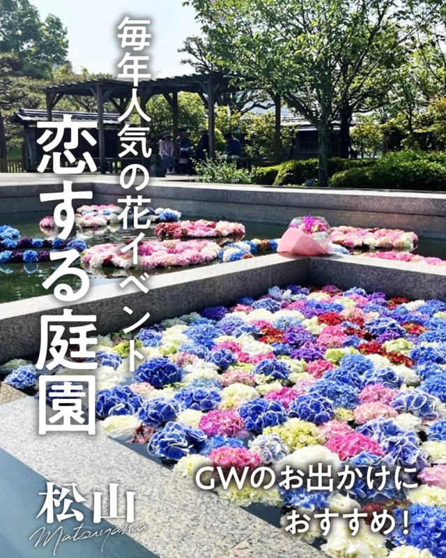 .
💠ＧＷのお出かけにおすすめ！💠

園内を色とりどりの花で鮮やかに彩る
花のイベントに出かけませんか🌹

毎年人気の花イベント「恋する庭園2025」が
今年も4月26日（土）〜5月6日（火・振休）、
松山城二之丸史跡庭園で開催されます🌟

園内には金魚鉢を使ったガラスボウルフラワーや
流水園に生花を浮かべる花手水（はなちょうず）、
フラワーベンチが登場！
さらに今年は、
新スポットとしてフラワーアーチも登場します😁❤

期間中は二之丸演奏会やお茶席など
いろいろなイベントにも注目👀✨。

期間中は毎日、先着200人に
松山市と「椿パートナー協定」を締結している
株式会社ファイントゥデイの提供で、「TSUBAKI 」の
ヘアケアサンプルのプレゼントも🎁

ＧＷ限定の特別な空間を楽しみましょう😃

開催日：4月26日（土）〜5月6日（火・振休）
時間：9時〜17時（16時30分札止め）
期間中無休
入園料：中学生以上200円、小学生100円
問い合わせ：二之丸・堀之内管理事務所
℡089-921-2000
—————————
愛媛県松山市の観光情報を発信中！♪
フォローはこちらから↓
@matsuyama_sightseeing
—————————
#traveljapan #japantrip #travel #traveling #shikoku #shikoku_trip #ehime #matsuyama #setouchimatsuyama #dogo #dogoonsen #onsen #hotspring #愛媛 #松山 #愛媛旅行 #四国旅行 #松山旅 #道後 #松山城 #二之丸　#二之丸史跡庭園 #恋する庭園　#花イベント  #フラワーベンチ #花手水  #フラワーアーチ #GW #GWイベント